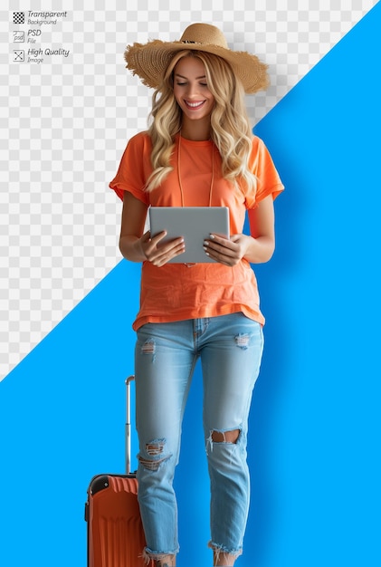 smiling young woman in summer hat using tablet