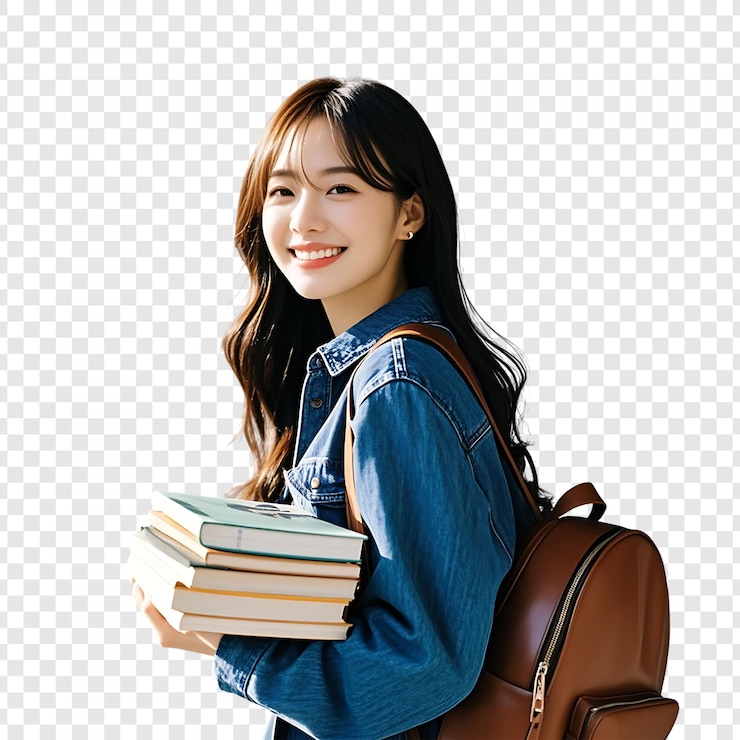 PSD 책 과 배 을 들고 있는 미소 짓는 젊은 여자 가 고립 된 투명 한 배경 에 서 있다