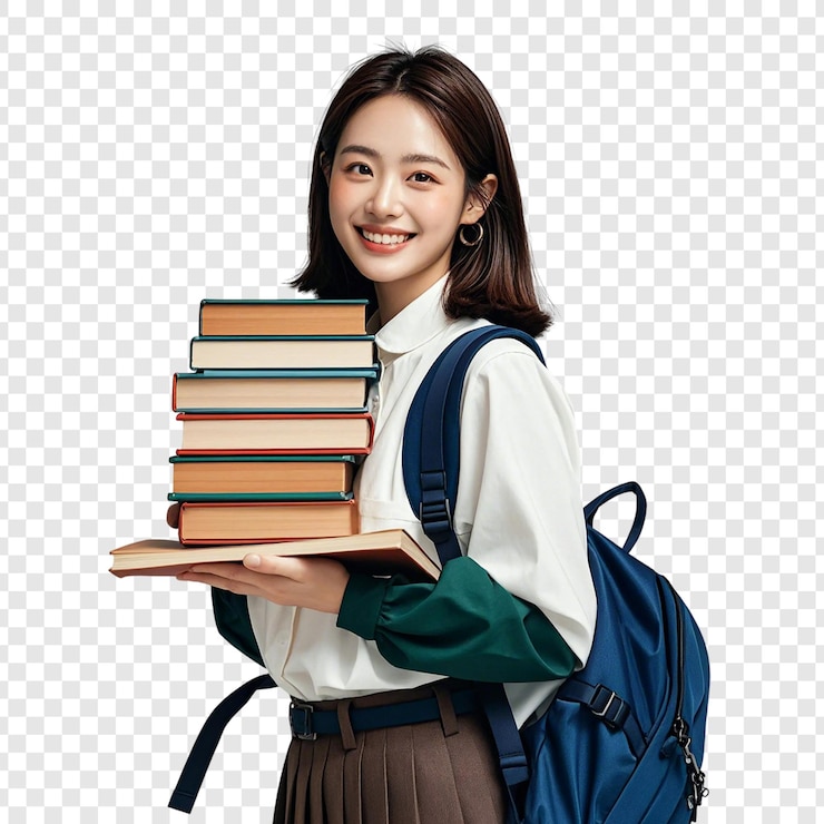 PSD 책과 배을 들고 웃는 젊은 여성이 투명한 배경에 서 있습니다.