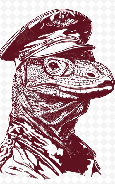 PSD smok komodo z wojskową czapką i surowym wyrazem twarzy pos animals sketch art vector collections