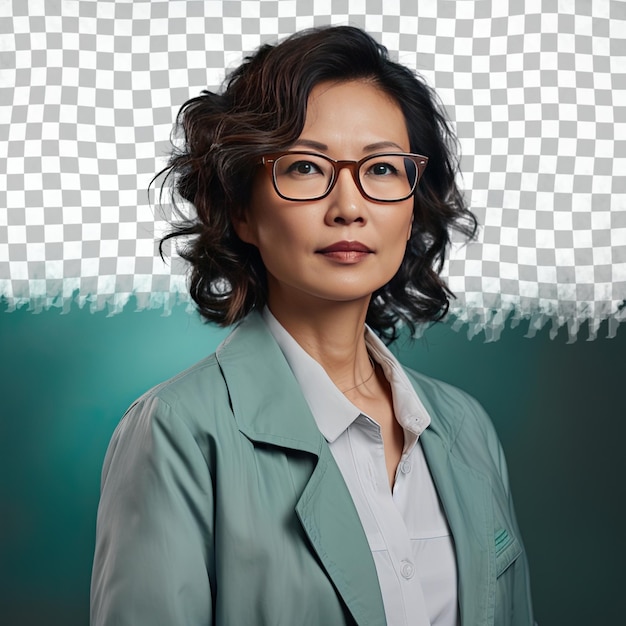 PSD smutna kobieta w średnim wieku z falistymi włosami pochodzenia azjatyckiego ubrana w strój neurologa pozuje w stylu skoncentrowanego spojrzenia z okularami na tle pastelowym