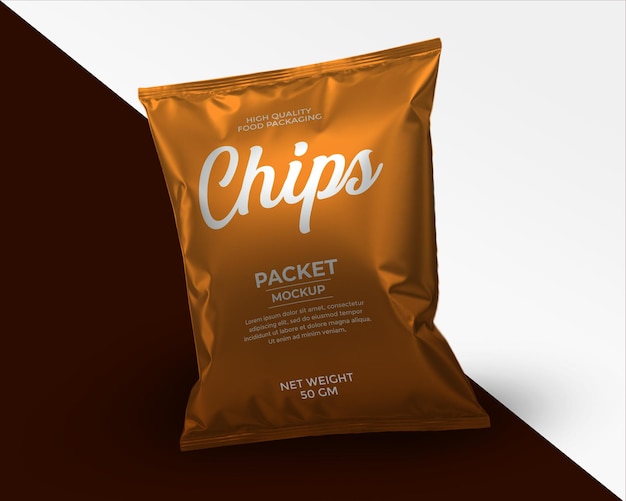 Snack pouch plastic bag mockup glossy foil food packet mockup chips bag mockup