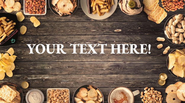 PSD snacks and beer on wooden table mockup