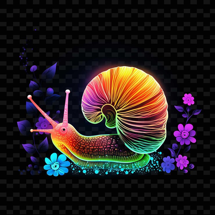 PSD snail garden escapade spiraling neon lines mushrooms shell o png y2k shapes transparent light arts