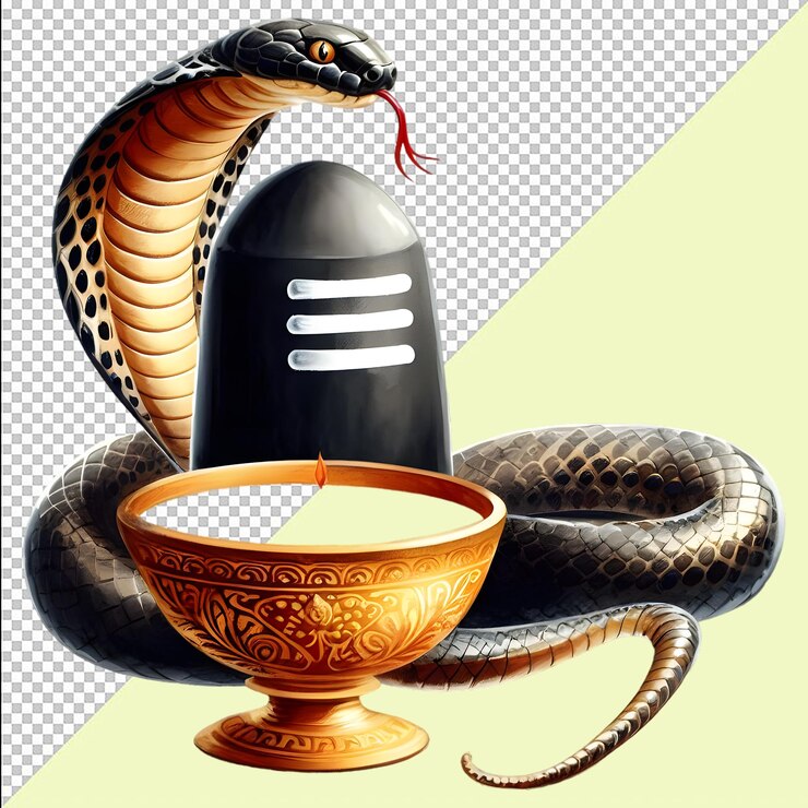 PSD a snake is next to a bowl of gold colored liquid