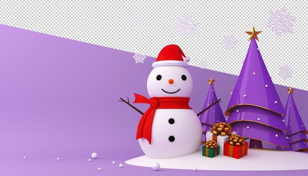 Sneeuwpop, kerstboom en geschenkdoos in 3d-rendering