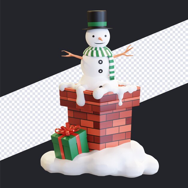 Sneeuwpop met zwarte hoed die uit schoorsteen komt met geschenkdoos kerst 3D render illustratie