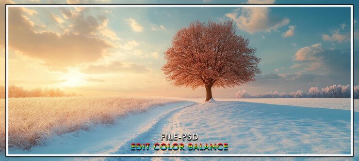 PSD sneeuwveld zonsondergang eenzame boom winter rust