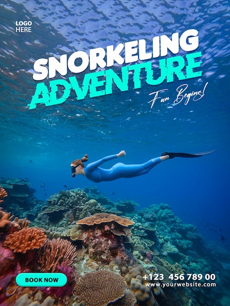 snorkeling adventure summer sea explore ocean business flyer design poster template social media