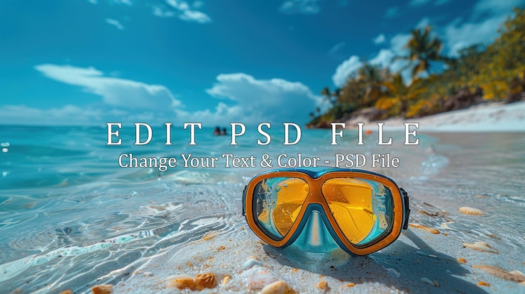 PSD snorkeling gear on a tropical beach