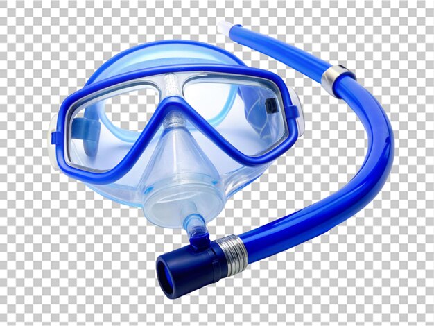 Snorkeling mask blue lens goggles with long snorke on transparent background