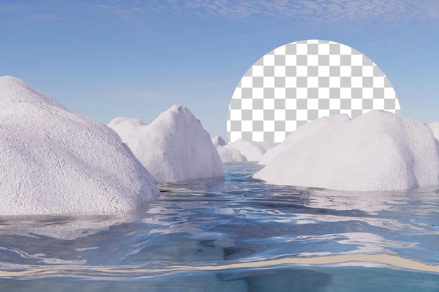 PSD pietra della scogliera di neve con rendering 3d di scena d'acqua