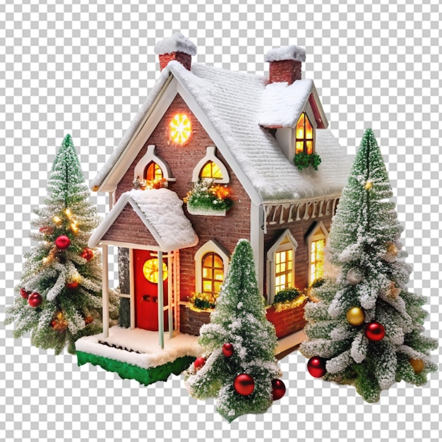 PSD snow covered house with christmas light string