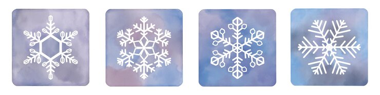 PSD snow flakes on blue purple watercolor square frame snow flakes ornament set