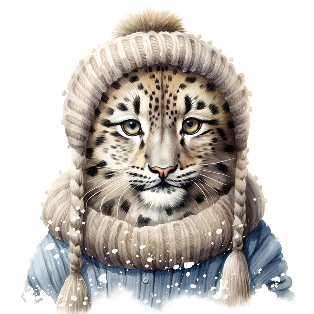 PSD snow leopard wearing winter clothes for christmas event watercolor style ai generated