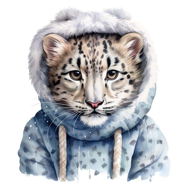 PSD leopardo delle nevi che indossa abiti invernali per l'evento di natale in stile acquerello generato dall'intelligenza artificiale