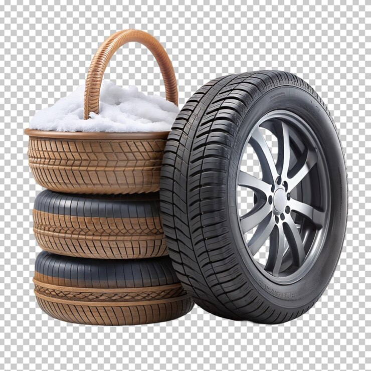 PSD snow tyres stacked and basket on transparent background