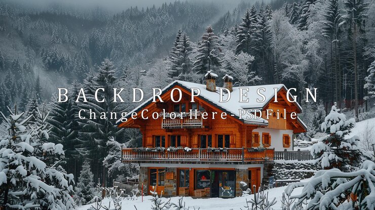 PSD snowcovered cabin in a winter wonderland