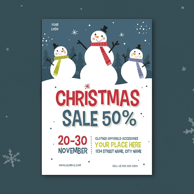 PSD Флаер рождественской распродажи снеговика