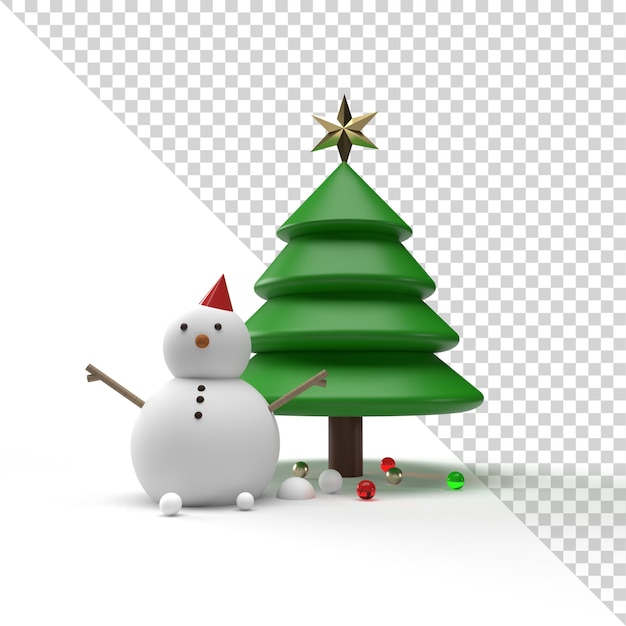 Pupazzo di neve e albero di natale isolato nel rendering 3d