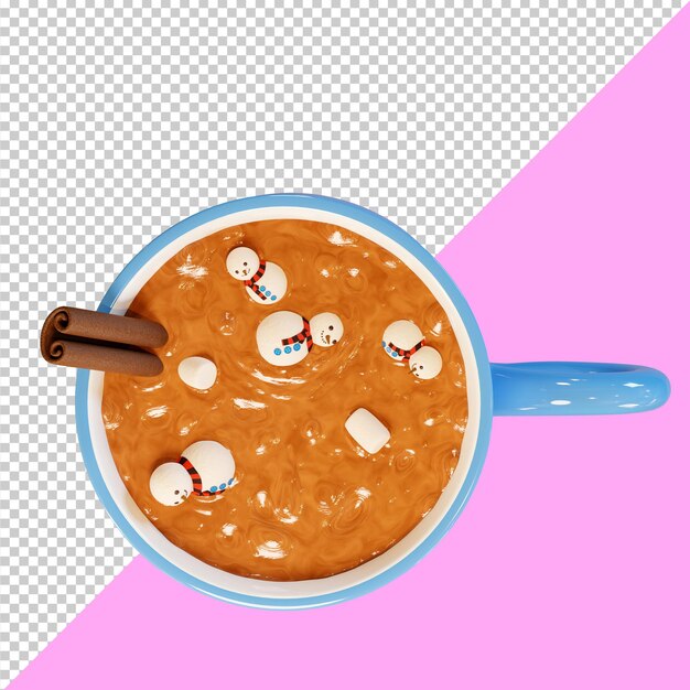 Snowman in a cup of hot chocolate 3d rendering creative cappuccino with marshmallows top view