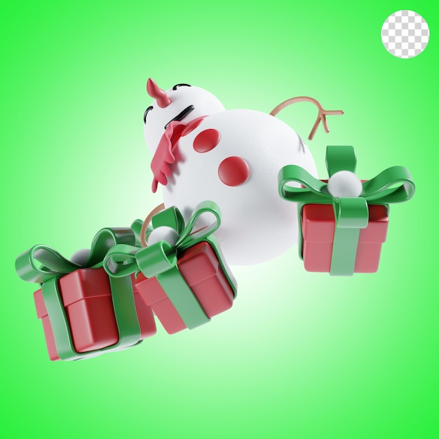 Snowman with christmas gift 3d illustration