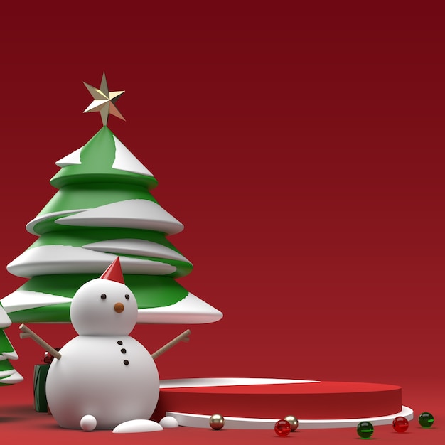 PSD pupazzo di neve con albero e regali scena di anteprima della fase del prodotto realistico