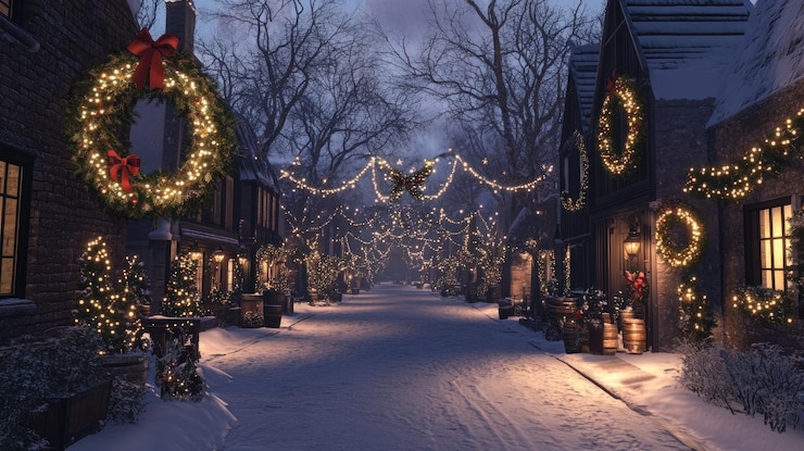PSD snowy christmas street scene with decorated houses wreaths lights and snowcovered sidewalks