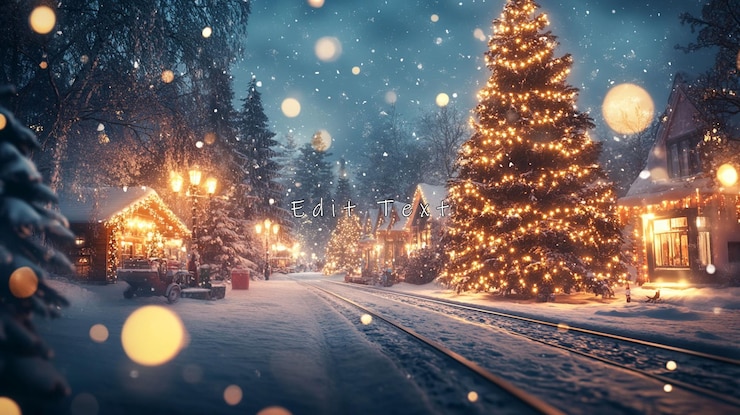 PSD snowy christmas village street scene at night with a large illuminated tree and train tracks