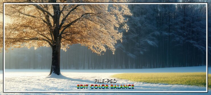 PSD snowy forest sunrise lone tree