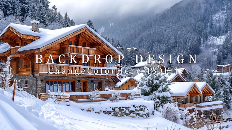 PSD snowy mountain chalet in a winter wonderland