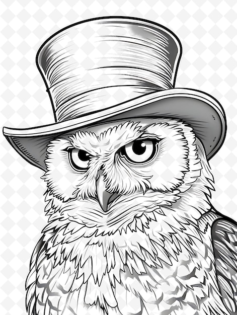 PSD snowy owl wearing a top hat with wise expression portrait po animals sketch art vector collections