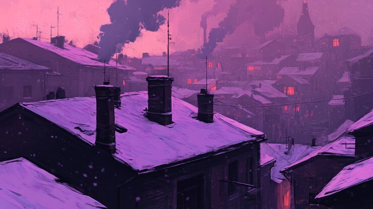 PSD snowy rooftops of a city at twilight smoke rising from chimneys