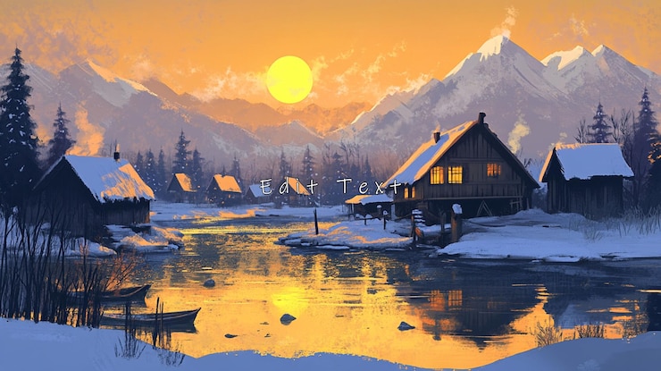 PSD snowy village at sunset reflecting on calm lake