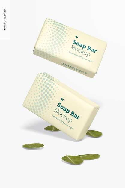 PSD soap bars with paper package mockup, floating