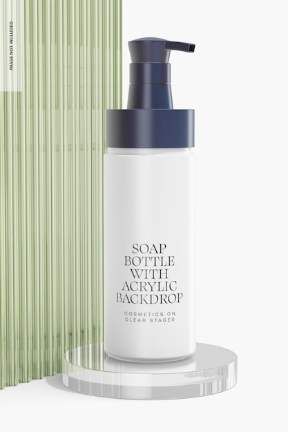 Soap bottle with acrylic backdrop mockup, left view