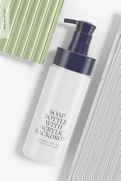 soap bottle with acrylic backdrop mockup, top view