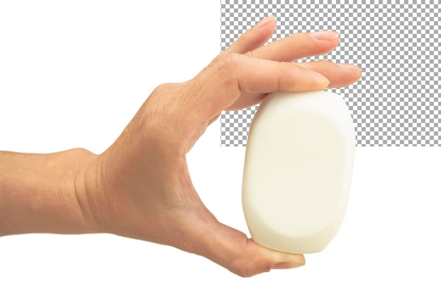 Soap in a female hand isolated on a transparent background