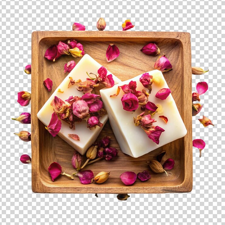 PSD soaps with dried rose petals isolated on transparent background