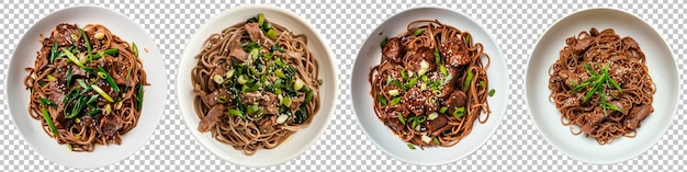 PSD soba noodles with seared beef and scallions set isolated on top view white background