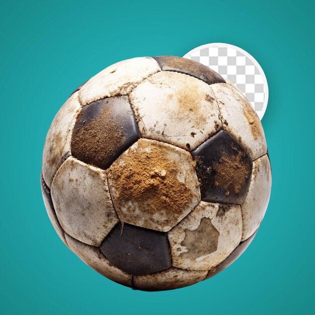 PSD soccer ball covered in dirt isolated on transparent background