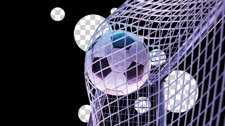 PSD soccer ball hits the goal isolated ball in the net of a football goal night lighting 3d render