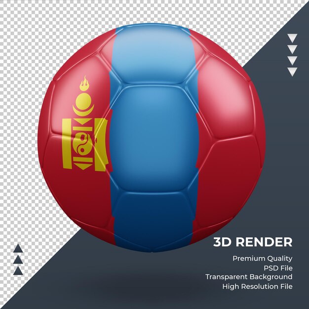 Vista frontale realistica della rappresentazione 3d della bandiera della mongolia del pallone da calcio