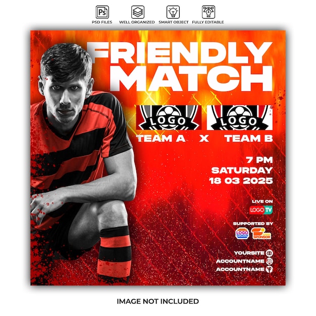 Soccer friendly match sport event poster or social media template