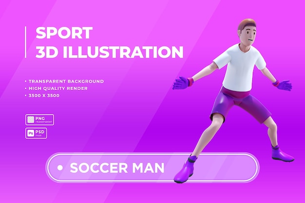 Soccer goal keeper sportsman character is in position ready to catch the ball 3d illustration