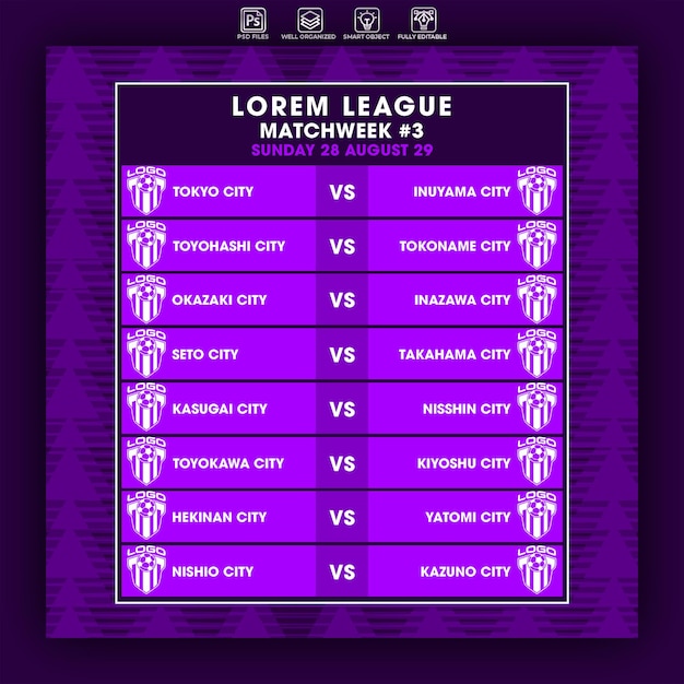 Soccer league match week graphic design template