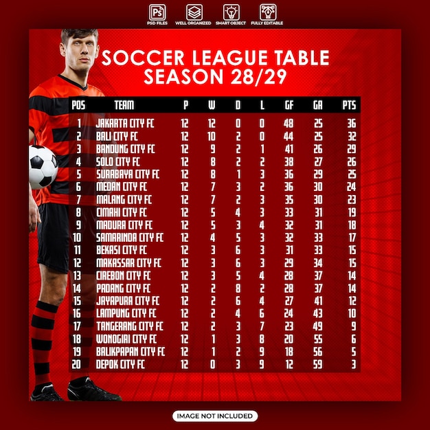 PSD soccer league table social media post template