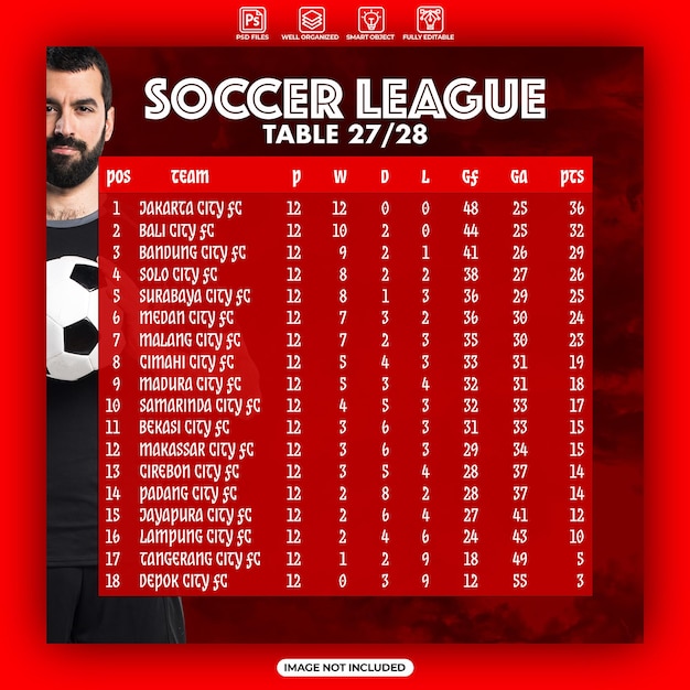 PSD soccer league table social media poster template