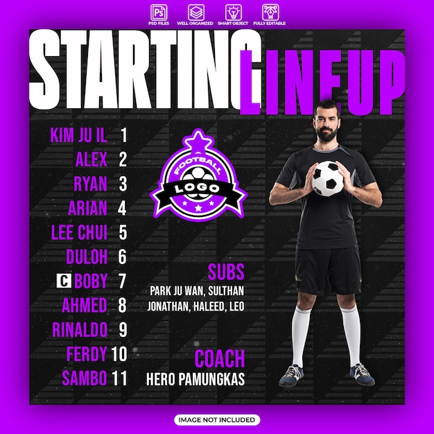 PSD soccer starting lineup social media banner or instagram post template