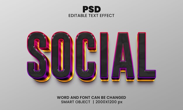 PSD sociaal 3d bewerkbaar photoshop-teksteffect stijl met achtergrond